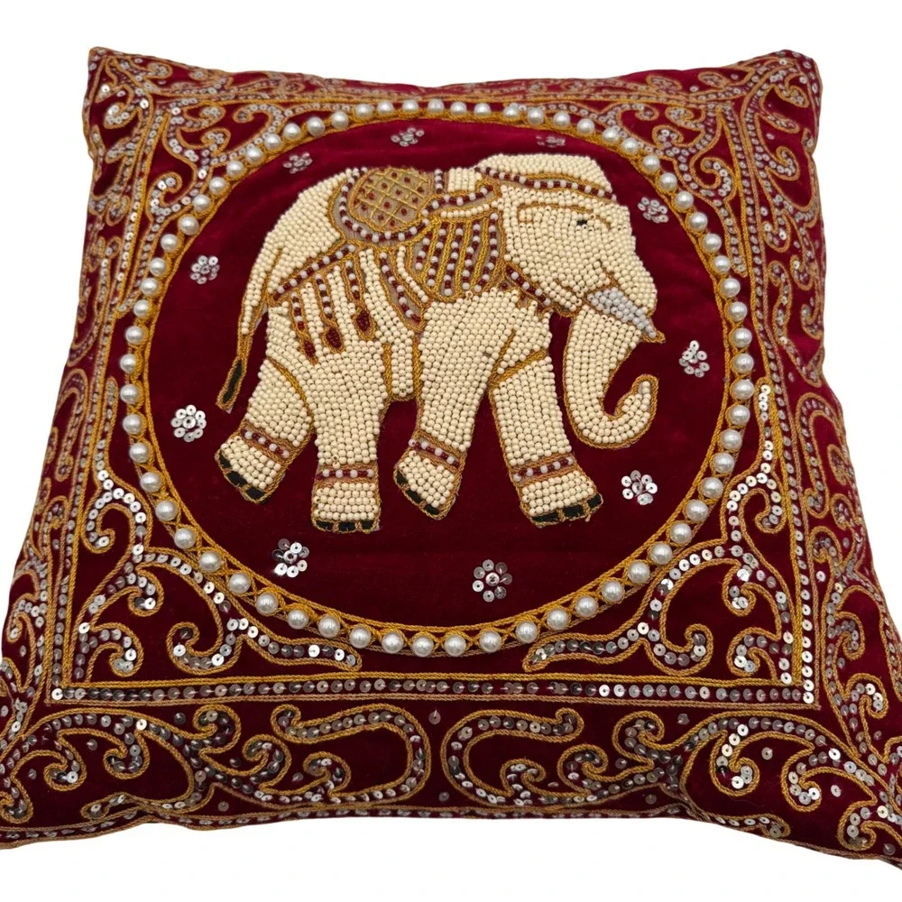 Handmade Elephant Throw‎ Pillow Red Velvet Beaded Sequin Boho Decor